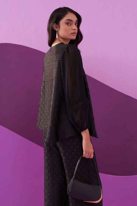 Buy Pleats By Aruni Black Round Neck Crepe Satin Alexa Coord Set Buy_Pleats By Aruni_Black Round Neck Crepe Satin Alexa Coord Set