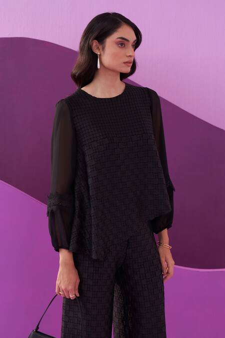 Shop Pleats By Aruni Black Round Neck Crepe Satin Alexa Coord Set Shop_Pleats By Aruni_Black Round Neck Crepe Satin Alexa Coord Set