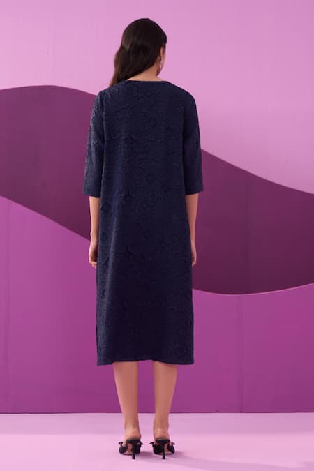 Shop Pleats By Aruni Blue Polyester Embroidery Round Neck Campania Midi Dress at Aza Fashions Shop_Pleats By Aruni_Blue Polyester Embroidery Round Neck Campania Midi Dress _at_Aza_Fashions