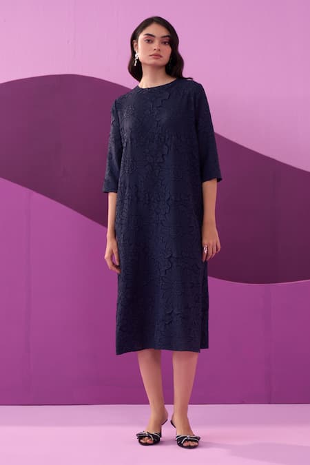 Pleats by Aruni Crushed Textured Blue Campania Midi Dress 