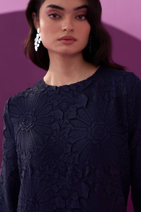 Pleats By Aruni Blue Polyester Embroidery Round Neck Campania Midi Dress Online at Aza Fashions Pleats By Aruni_Blue Polyester Embroidery Round Neck Campania Midi Dress _Online_at_Aza_Fashions