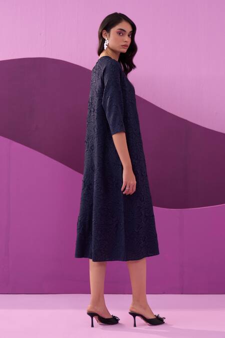 Buy Pleats By Aruni Blue Polyester Embroidery Round Neck Campania Midi Dress Online at Aza Fashions Buy_Pleats By Aruni_Blue Polyester Embroidery Round Neck Campania Midi Dress _Online_at_Aza_Fashions