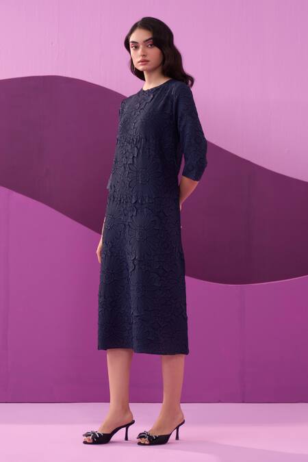 Shop Pleats By Aruni Blue Polyester Embroidery Round Neck Campania Midi Dress Online at Aza Fashions Shop_Pleats By Aruni_Blue Polyester Embroidery Round Neck Campania Midi Dress _Online_at_Aza_Fashions