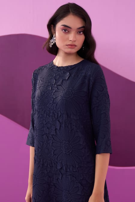 Pleats By Aruni Blue Polyester Embroidery Round Neck Campania Midi Dress at Aza Fashions Pleats By Aruni_Blue Polyester Embroidery Round Neck Campania Midi Dress _at_Aza_Fashions