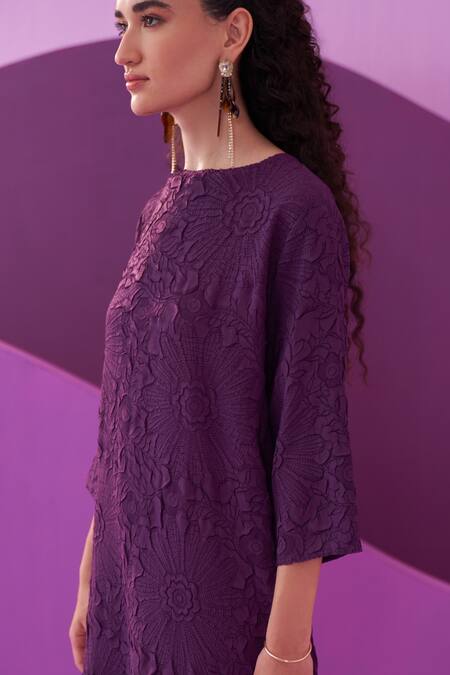 Buy Pleats By Aruni Purple Polyester Embroidery Round Neck Campania Midi Dress Online at Aza Fashions Buy_Pleats By Aruni_Purple Polyester Embroidery Round Neck Campania Midi Dress_Online_at_Aza_Fashions