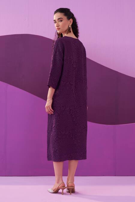 Shop Pleats By Aruni Purple Polyester Embroidery Round Neck Campania Midi Dress at Aza Fashions Shop_Pleats By Aruni_Purple Polyester Embroidery Round Neck Campania Midi Dress_at_Aza_Fashions