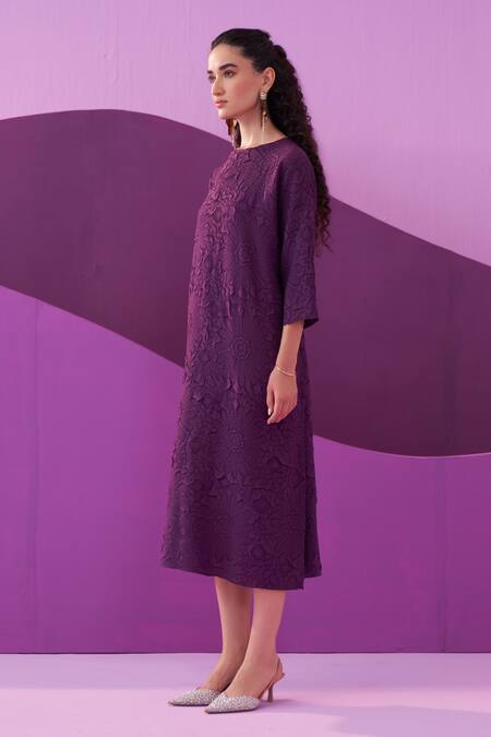 Shop Pleats By Aruni Purple Polyester Embroidery Round Neck Campania Midi Dress Online at Aza Fashions Shop_Pleats By Aruni_Purple Polyester Embroidery Round Neck Campania Midi Dress_Online_at_Aza_Fashions