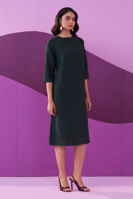 Pleats by Aruni Bottle Green Crushed Textured Midi Dress 