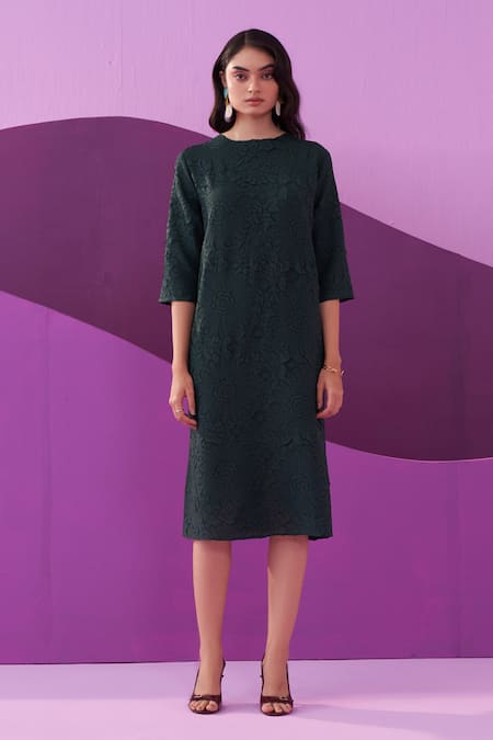 Pleats By Aruni_Green Polyester Embroidery Round Neck Bottle Campania Midi Dress _Online_at_Aza_Fashions