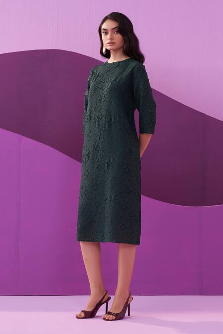 Buy_Pleats By Aruni_Green Polyester Embroidery Round Neck Bottle Campania Midi Dress _Online_at_Aza_Fashions