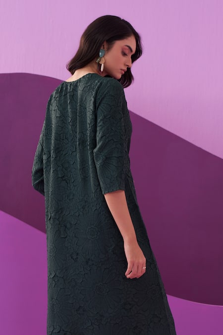 Shop_Pleats By Aruni_Green Polyester Embroidery Round Neck Bottle Campania Midi Dress _Online_at_Aza_Fashions