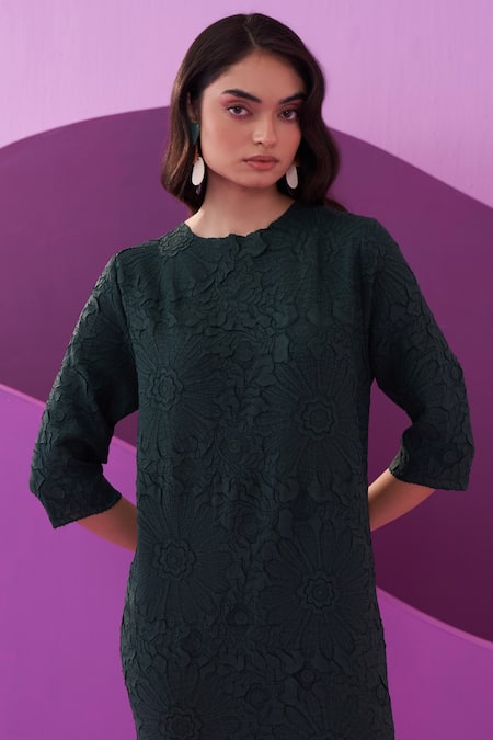 Pleats By Aruni_Green Polyester Embroidery Round Neck Bottle Campania Midi Dress _at_Aza_Fashions