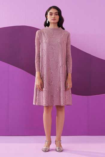 Buy Purple Crepe, Satin Embroidery High Neck Muave Manila Midi Dress For  Women by Pleats By Aruni Online at Aza Fashions.
