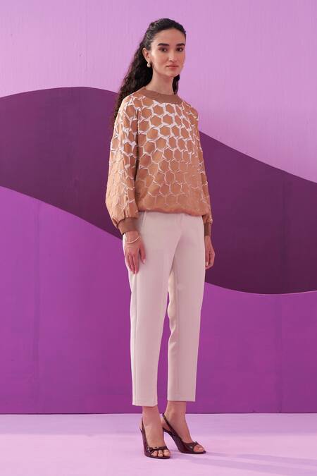 Pleats By Aruni Brown Crepe Round Neck Angna Top Online at Aza Fashions Pleats By Aruni_Brown Crepe Round Neck Angna Top_Online_at_Aza_Fashions