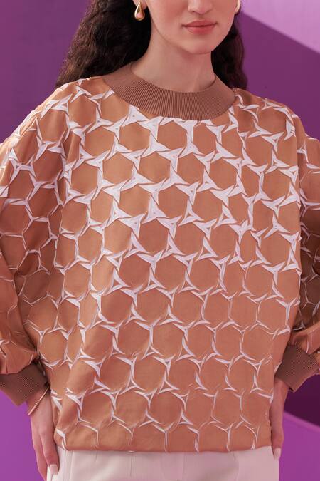 Pleats By Aruni Brown Crepe Round Neck Angna Top at Aza Fashions Pleats By Aruni_Brown Crepe Round Neck Angna Top_at_Aza_Fashions