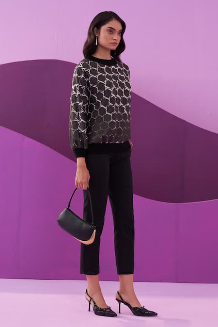 Pleats By Aruni_Black Crepe Round Neck Angna Top_Online_at_Aza_Fashions