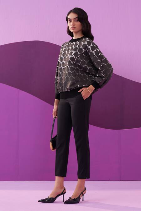 Buy_Pleats By Aruni_Black Crepe Round Neck Angna Top_Online_at_Aza_Fashions