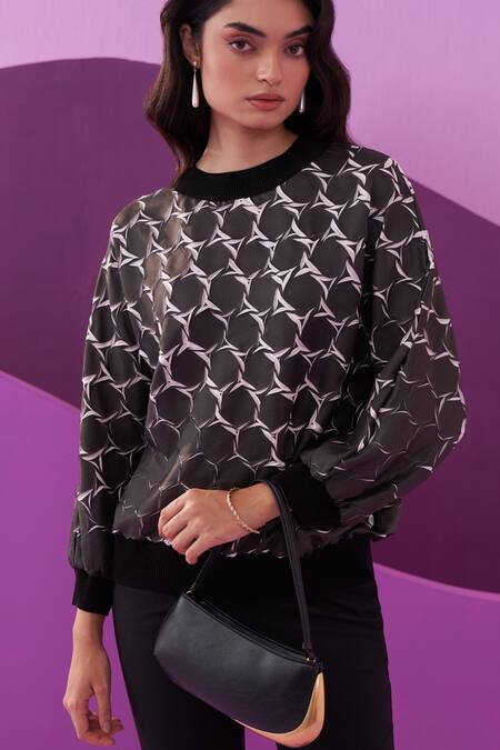 Shop_Pleats By Aruni_Black Crepe Round Neck Angna Top_Online_at_Aza_Fashions