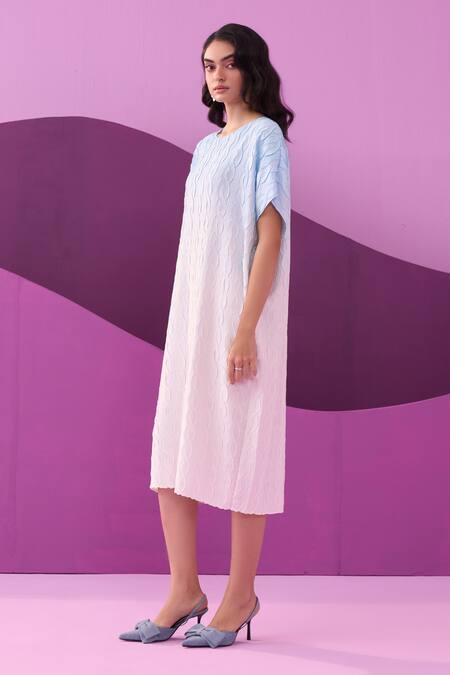 Pleats By Aruni Blue Crepe, Satin Round Neck Carrina Midi Dress Online at Aza Fashions Pleats By Aruni_Blue Crepe, Satin Round Neck Carrina Midi Dress _Online_at_Aza_Fashions