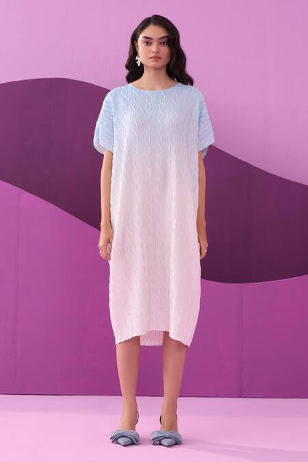 Buy Pleats By Aruni Blue Crepe, Satin Round Neck Carrina Midi Dress Online at Aza Fashions Buy_Pleats By Aruni_Blue Crepe, Satin Round Neck Carrina Midi Dress _Online_at_Aza_Fashions