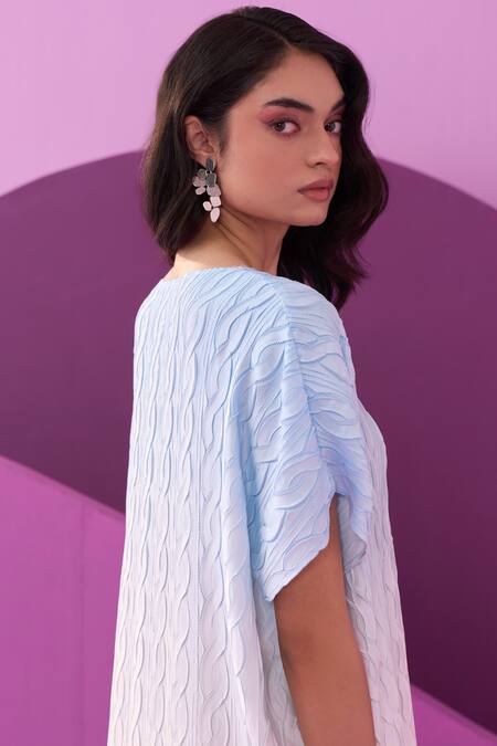 Shop Pleats By Aruni Blue Crepe, Satin Round Neck Carrina Midi Dress Online at Aza Fashions Shop_Pleats By Aruni_Blue Crepe, Satin Round Neck Carrina Midi Dress _Online_at_Aza_Fashions