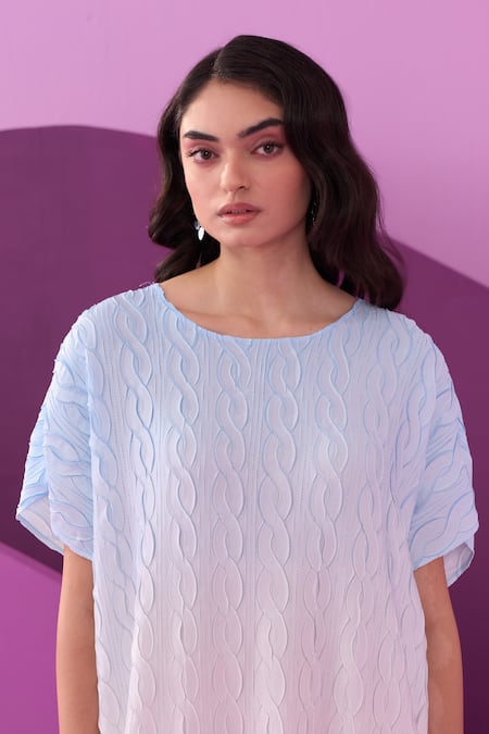 Pleats By Aruni Blue Crepe, Satin Round Neck Carrina Midi Dress at Aza Fashions Pleats By Aruni_Blue Crepe, Satin Round Neck Carrina Midi Dress _at_Aza_Fashions