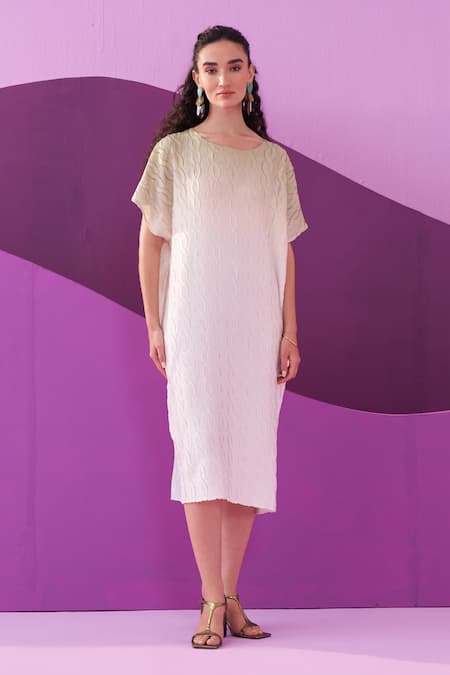 Pleats by Aruni Beige & White Crepe Satin Midi Dress 
