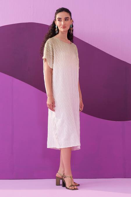 Pleats By Aruni Beige Crepe, Satin Round Neck And White Midi Dress Online at Aza Fashions Pleats By Aruni_Beige Crepe, Satin Round Neck And White Midi Dress _Online_at_Aza_Fashions