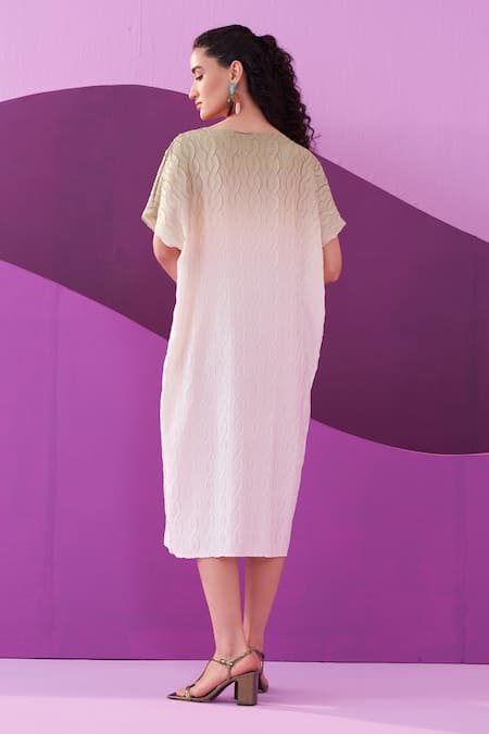 Pleats By Aruni Beige & White Crepe Satin Midi Dress 