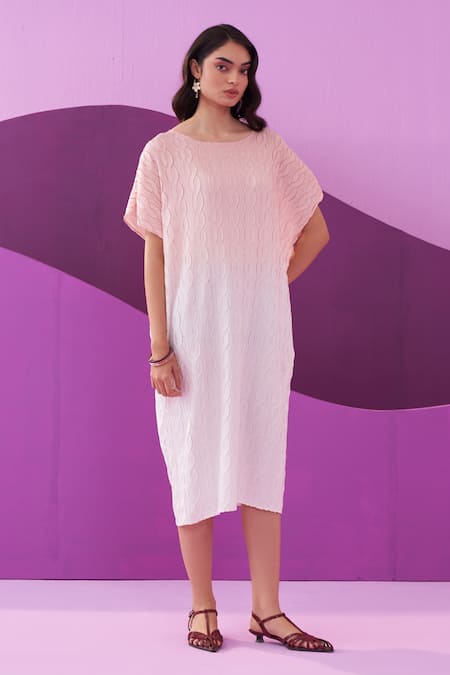 Buy Pleats By Aruni Pink Crepe, Satin Round Neck Green Carrina Dress Online at Aza Fashions Buy_Pleats By Aruni_Pink Crepe, Satin Round Neck Green Carrina Dress _Online_at_Aza_Fashions