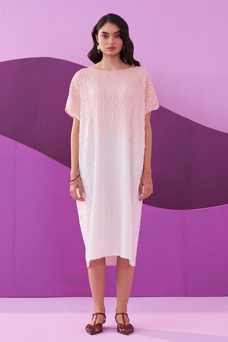 Shop Pleats By Aruni Pink Crepe, Satin Round Neck Green Carrina Dress Online at Aza Fashions Shop_Pleats By Aruni_Pink Crepe, Satin Round Neck Green Carrina Dress _Online_at_Aza_Fashions