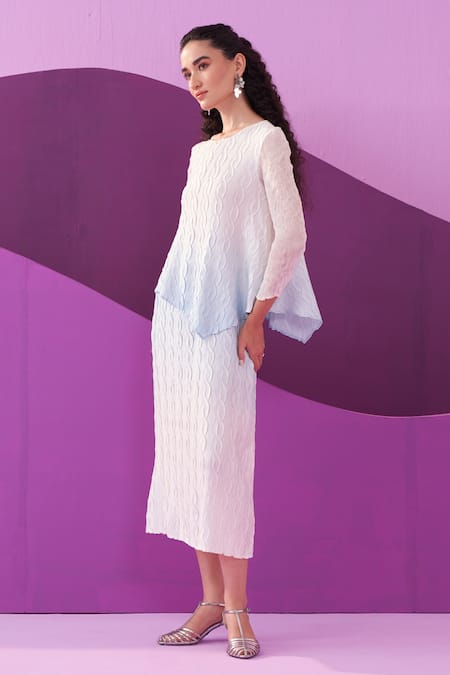 Pleats By Aruni White Round Neck Blue Clarey Skirt Set Online at Aza Fashions Pleats By Aruni_White Round Neck Blue Clarey Skirt Set _Online_at_Aza_Fashions