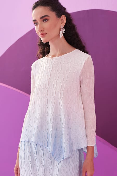 Pleats By Aruni White Round Neck Blue Clarey Skirt Set at Aza Fashions Pleats By Aruni_White Round Neck Blue Clarey Skirt Set _at_Aza_Fashions