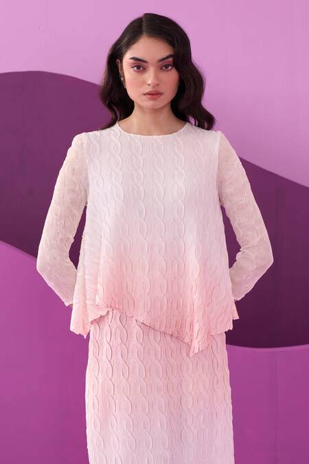 Pleats By Aruni Pink Crepe, Satin Round Neck Skirt Set at Aza Fashions Pleats By Aruni_Pink Crepe, Satin Round Neck Skirt Set _at_Aza_Fashions