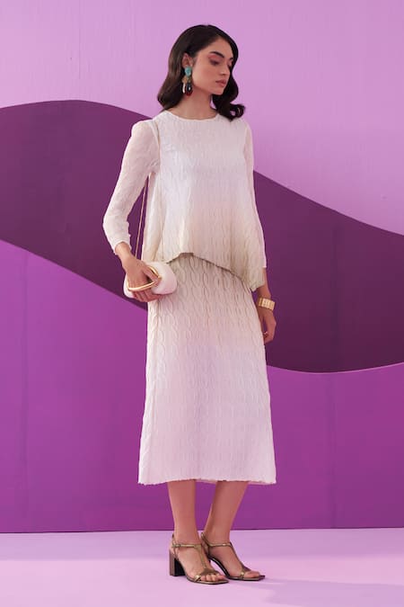 Buy Pleats By Aruni White Crepe, Satin Round Neck Green Clarey Skirt Set Online at Aza Fashions Buy_Pleats By Aruni_White Crepe, Satin Round Neck Green Clarey Skirt Set _Online_at_Aza_Fashions