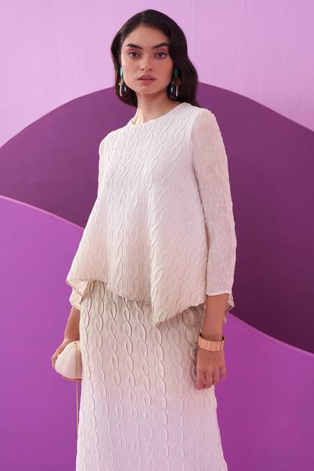 Pleats By Aruni White Crepe, Satin Round Neck Green Clarey Skirt Set at Aza Fashions Pleats By Aruni_White Crepe, Satin Round Neck Green Clarey Skirt Set _at_Aza_Fashions