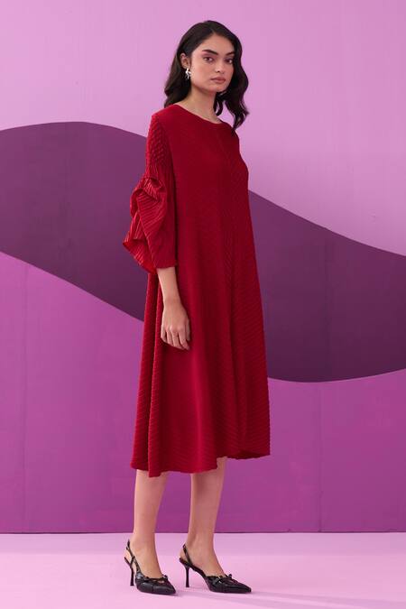 Pleats By Aruni_Red Polyester Round Neck Amelia Midi Dress_Online_at_Aza_Fashions