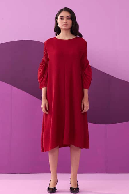 Pleats by Aruni Red Pleated Amelia Midi Dress 