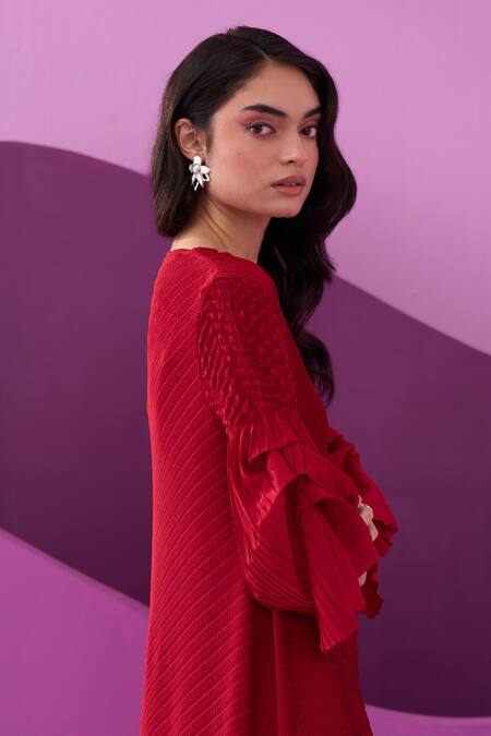 Buy_Pleats By Aruni_Red Polyester Round Neck Amelia Midi Dress_Online_at_Aza_Fashions