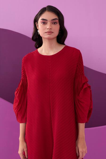 Shop_Pleats By Aruni_Red Polyester Round Neck Amelia Midi Dress_Online_at_Aza_Fashions