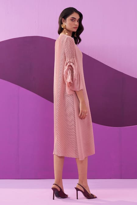 Pleats By Aruni_Pink Polyester Crew Neck Pleated Midi Dress _Online_at_Aza_Fashions
