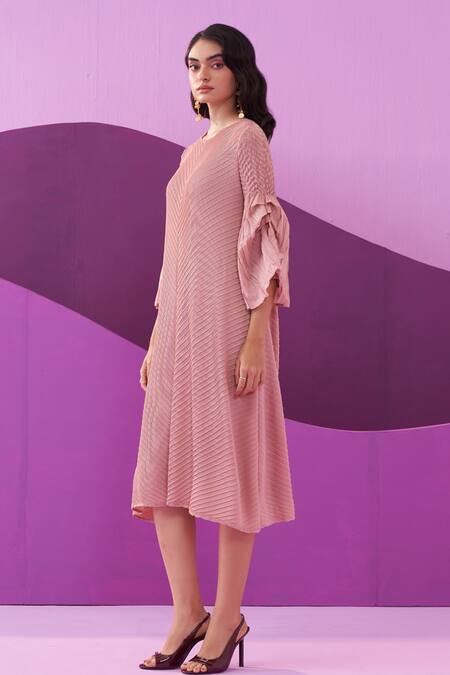 Buy_Pleats By Aruni_Pink Polyester Crew Neck Pleated Midi Dress _Online_at_Aza_Fashions