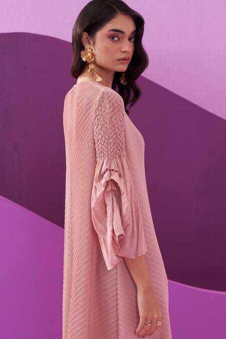 Shop_Pleats By Aruni_Pink Polyester Crew Neck Pleated Midi Dress _Online_at_Aza_Fashions