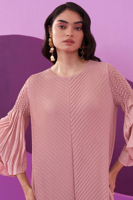 Pleats By Aruni_Pink Polyester Crew Neck Pleated Midi Dress _at_Aza_Fashions