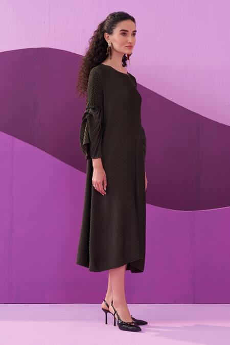 Pleats By Aruni_Green Polyester Round Neck Military Amelia Midi Dress_Online_at_Aza_Fashions
