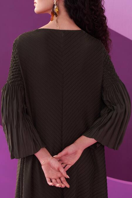 Shop_Pleats By Aruni_Green Polyester Round Neck Military Amelia Midi Dress_Online_at_Aza_Fashions