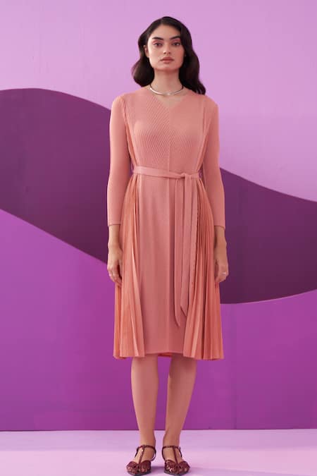 Pleats by Aruni Pleated Midi Dress With Belt 