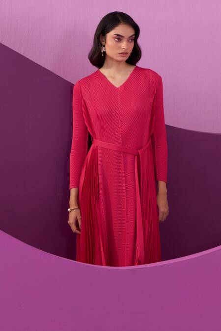 Shop_Pleats By Aruni_Fuchsia Polyester V-neck Pleated Midi Dress With Belt_Online_at_Aza_Fashions