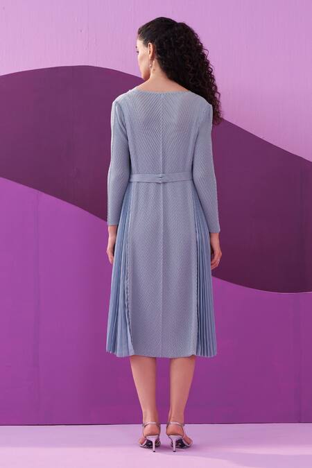 Shop Pleats By Aruni Blue Polyester V-neck Powder Angny Midi Dress at Aza Fashions Shop_Pleats By Aruni_Blue Polyester V-neck Powder Angny Midi Dress_at_Aza_Fashions