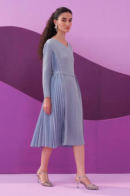 Buy Pleats By Aruni Blue Polyester V-neck Powder Angny Midi Dress Online at Aza Fashions Buy_Pleats By Aruni_Blue Polyester V-neck Powder Angny Midi Dress_Online_at_Aza_Fashions